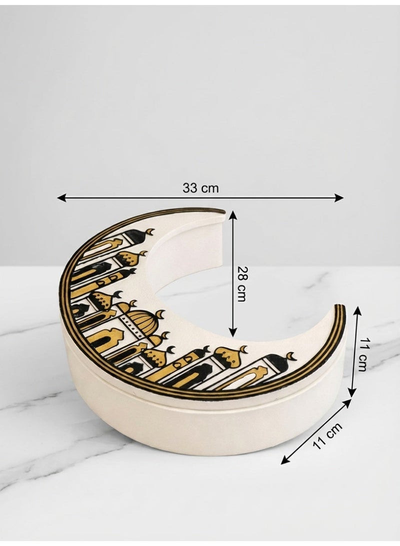 Tanseeq Elegant White Resin Crescent Moon Serving Box with Gold Mosque Design Ramadan Decor Eid Dates Holder Nut Tray Islamic Table Centerpiece Gift - Image 3